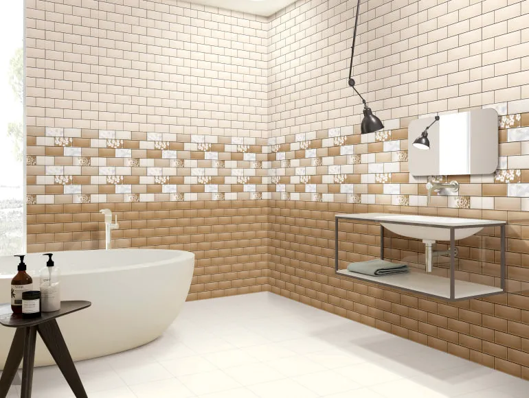 Contemporary master bathroom design with brick-patterned tiles